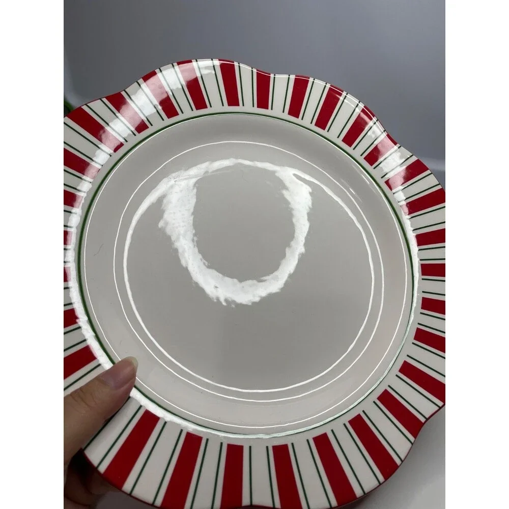 3 Pier 1 One Candy Cane 11” Dinner Plates Scalloped Edge Hand Painted Ironstone